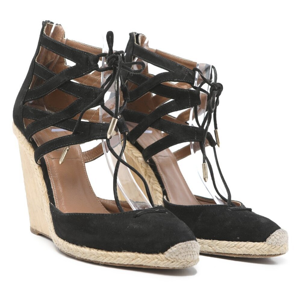 Aquazzura Firenze Belgravia Suede Espadrilles Wedge Pumps Lace Up Black - Picture 5 of 15
